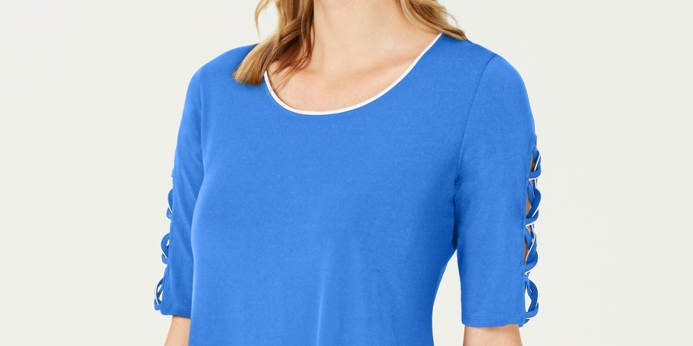 Túnica feminina com manga trançada JM Collection, azul, tamanho PL