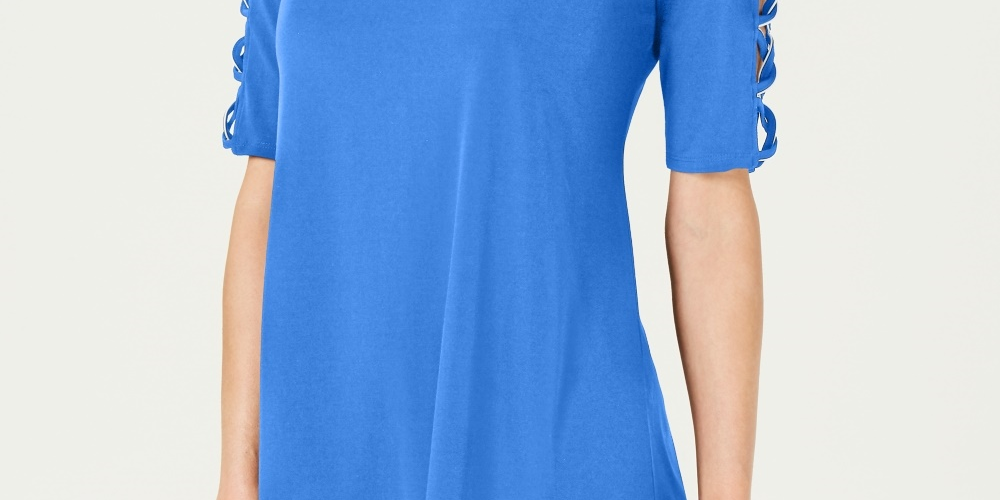 Túnica feminina com manga trançada JM Collection, azul, tamanho PL