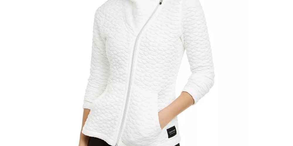 Jaqueta com capuz Calvin Klein Jacquard assimétrica com zíper, tamanho grande, areia