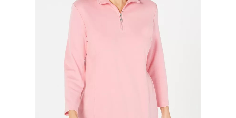 Karen Scott Blusa feminina de algodão com meio zíper e gola alta, roxa, tamanho XS