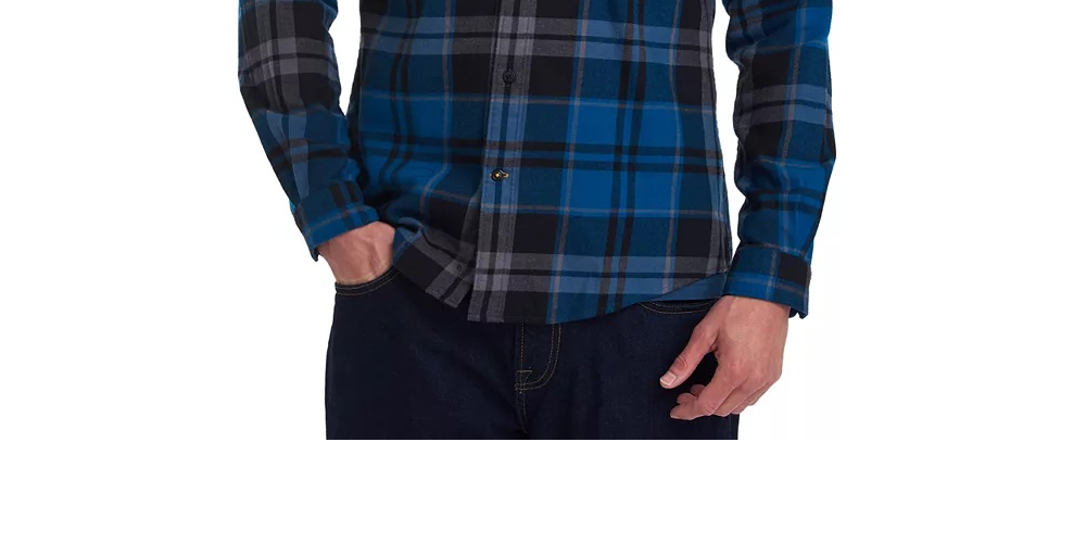 Camisa casual masculina Barbour xadrez xadrez azul, manga comprida, ajuste clássico, botão, tamanho XX-G