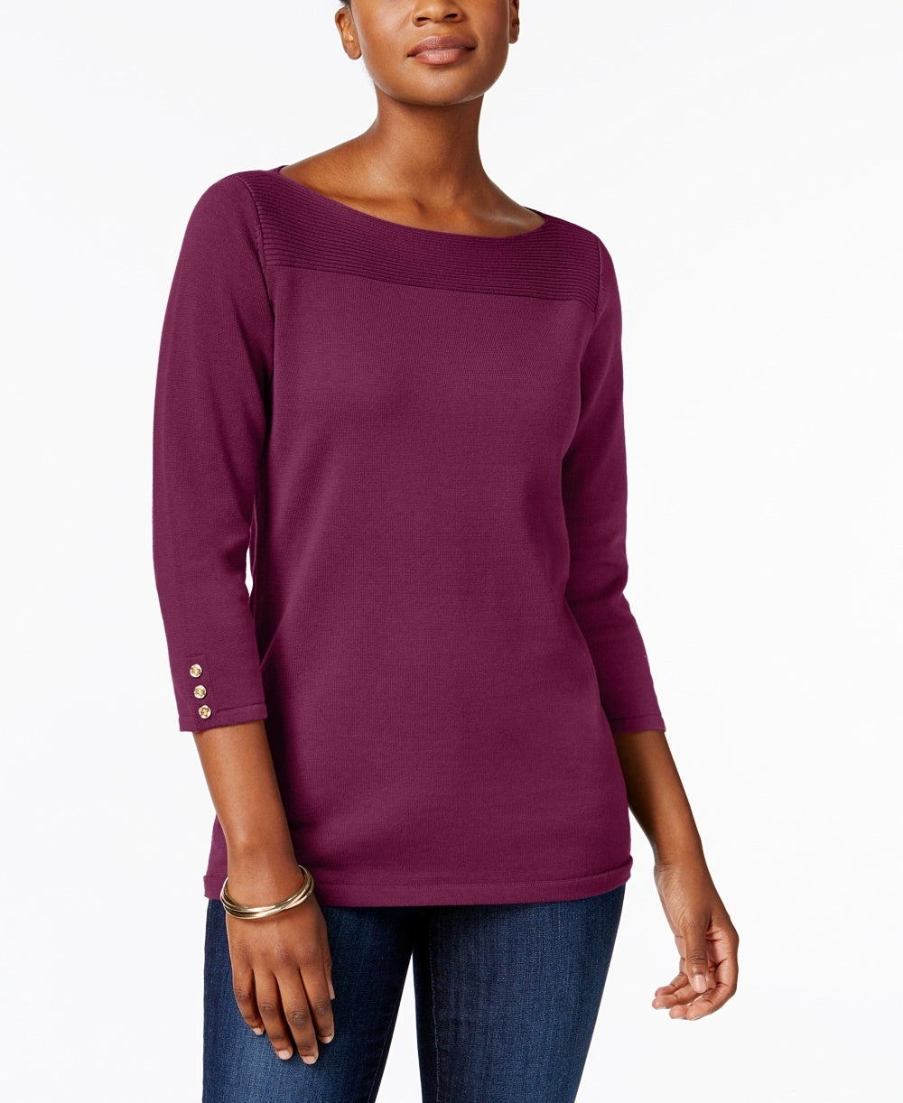 Karen Scott Suéter feminino de algodão com acabamento em botões, tamanho pequeno, roxo, tamanho pequeno P