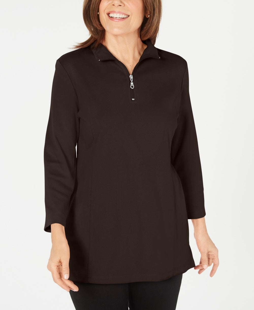 Karen Scott Blusa feminina de algodão com meio zíper e gola alta, marrom, tamanho XS