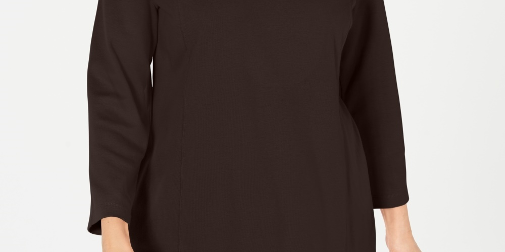 Karen Scott Blusa feminina de algodão com meio zíper e gola alta, marrom, tamanho XS