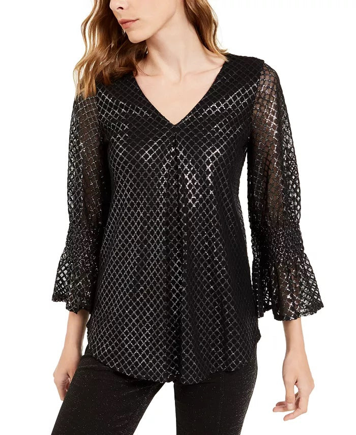 Blusa feminina Alfani Petite com estampa metálica e manga franzida, preta, tamanho PL