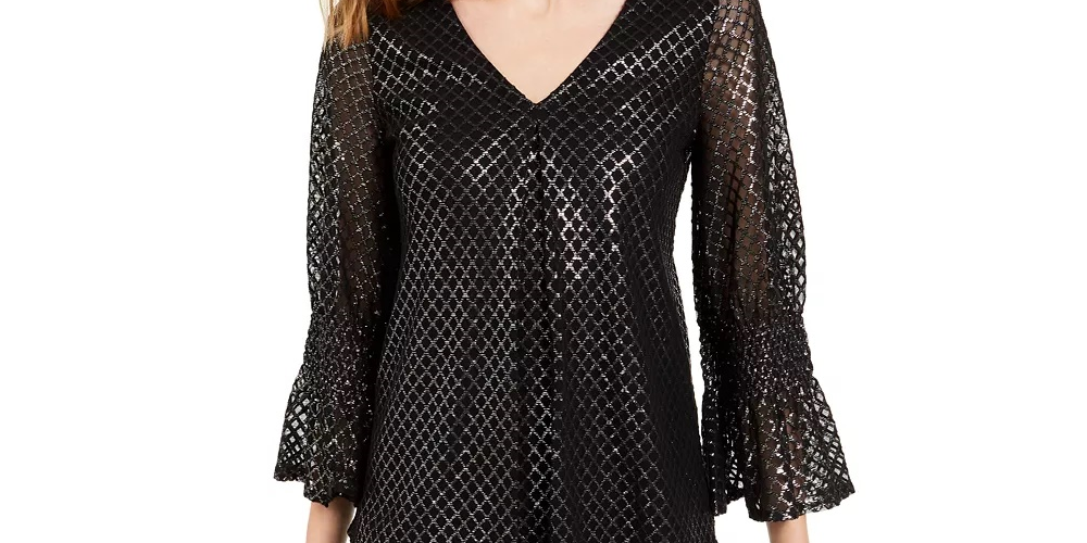 Blusa feminina Alfani Petite com estampa metálica e manga franzida, preta, tamanho PL
