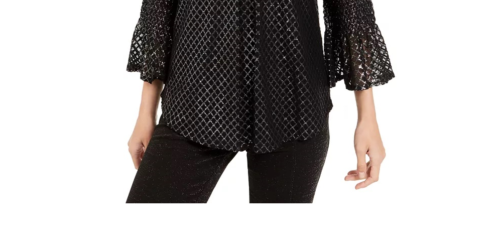 Blusa feminina Alfani Petite com estampa metálica e manga franzida, preta, tamanho PL