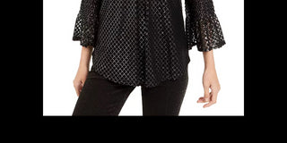 Blusa feminina Alfani Petite com estampa metálica e manga franzida, preta, tamanho PL