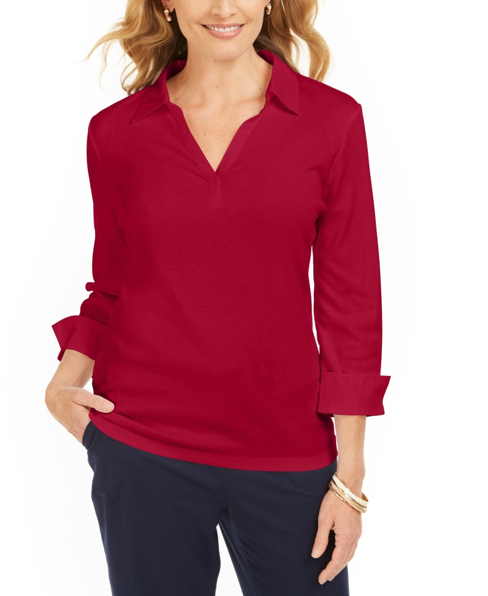 Karen Scott Top feminino pequeno com decote dividido e gola alta, vermelho, tamanho 44