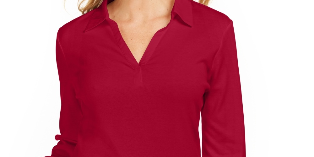 Karen Scott Top feminino pequeno com decote dividido e gola alta, vermelho, tamanho 44