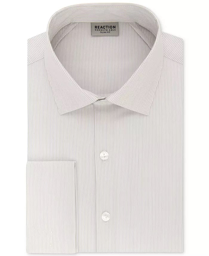 Camisa social masculina Kenneth Cole Reaction Stretch Performance com punho francês e listras, bege, tamanho 16,5 x 36-37