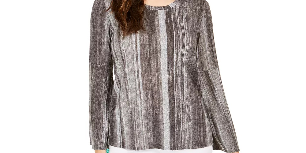 Blusa listrada com manga sino feminina Style &amp; Co, preta, tamanho grande