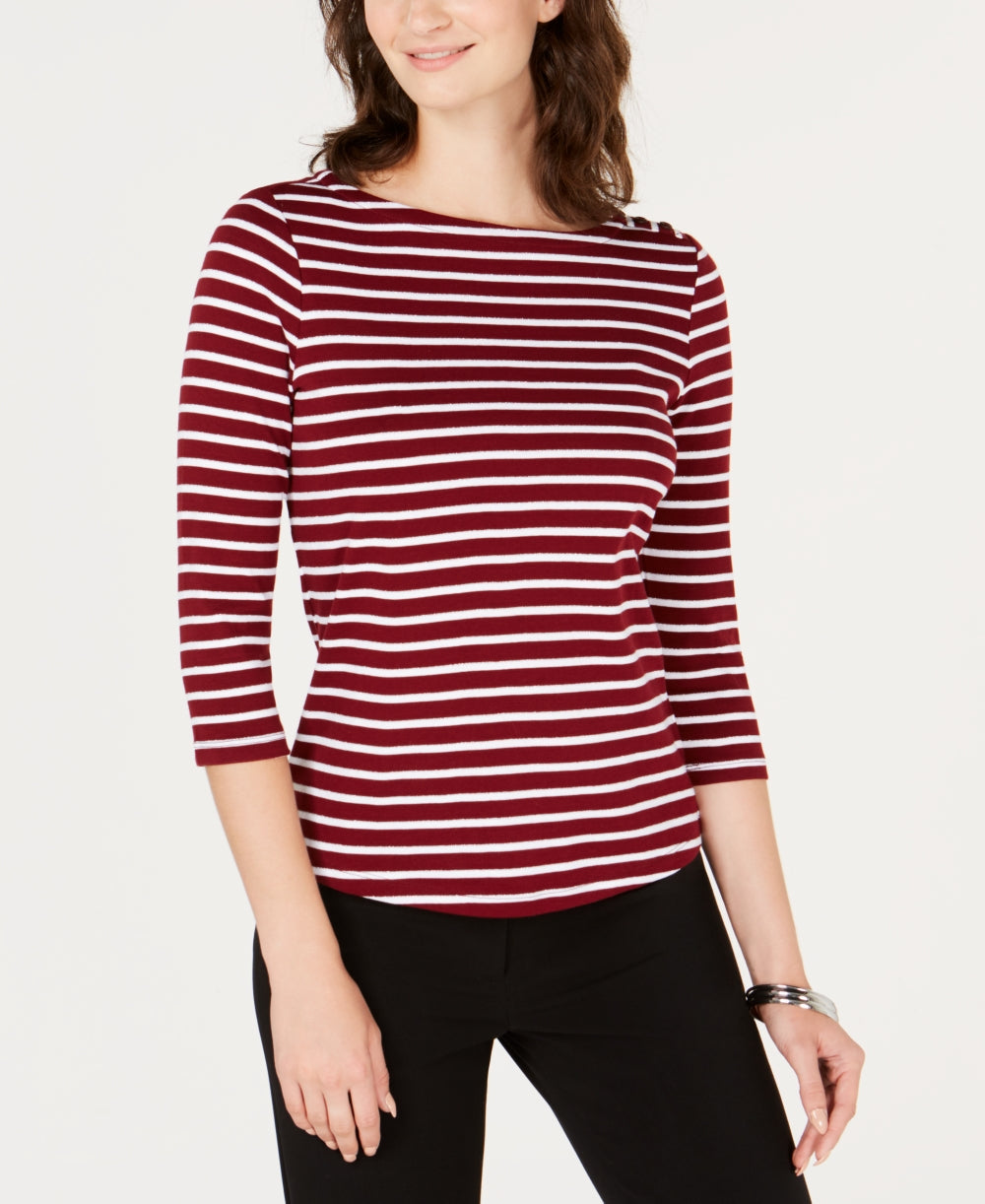 Charter Club Petite Pima Cotton Women's Top com estampa de botões e ombros, vermelho, tamanho GG
