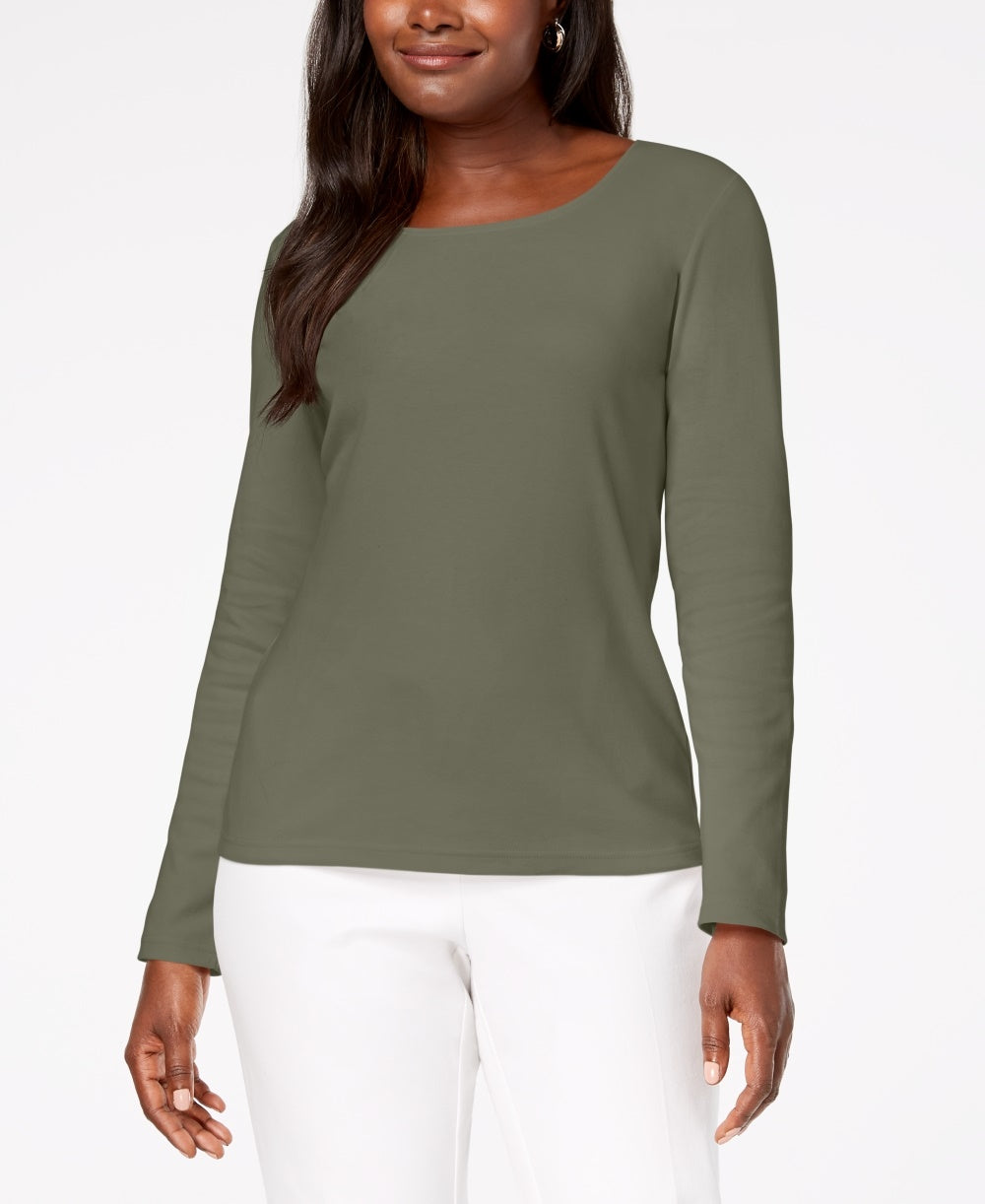 Karen Scott Blusa de algodão com decote redondo feminina, verde, tamanho X P