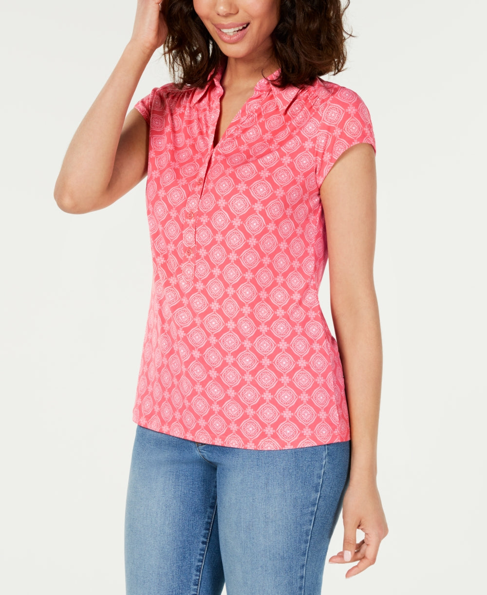 Camisa polo feminina estampada Charter Club com manga curta, rosa, tamanho extragrande