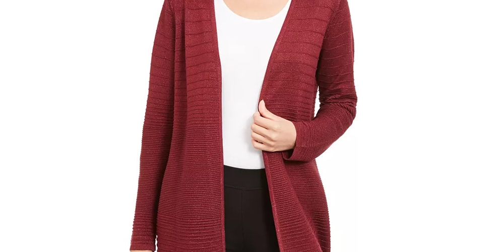 Cardigan feminino Alfani metálico com abertura frontal, vermelho, tamanho X-S