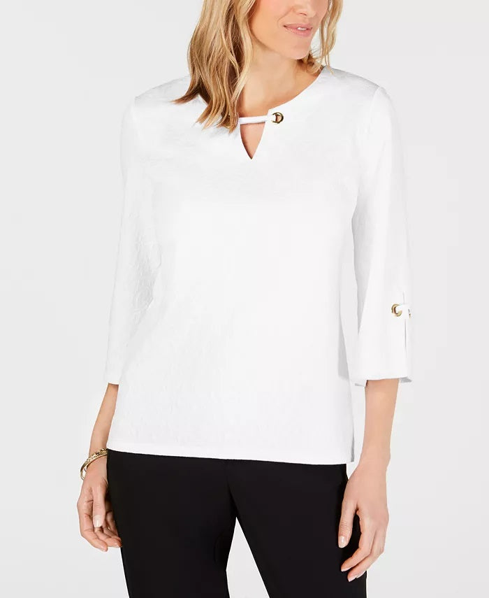 JM Collection Top feminino com textura e buraco de chave, tamanho PS, branco