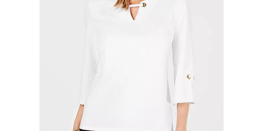 JM Collection Top feminino com textura e buraco de chave, tamanho PS, branco