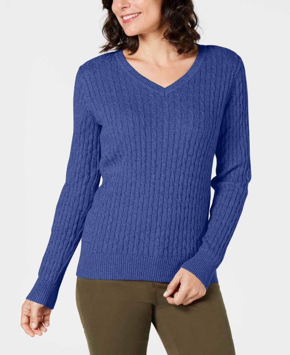 Karen Scott Suéter Feminino Petite Cotton Cable Knit Azul Tamanho PXL