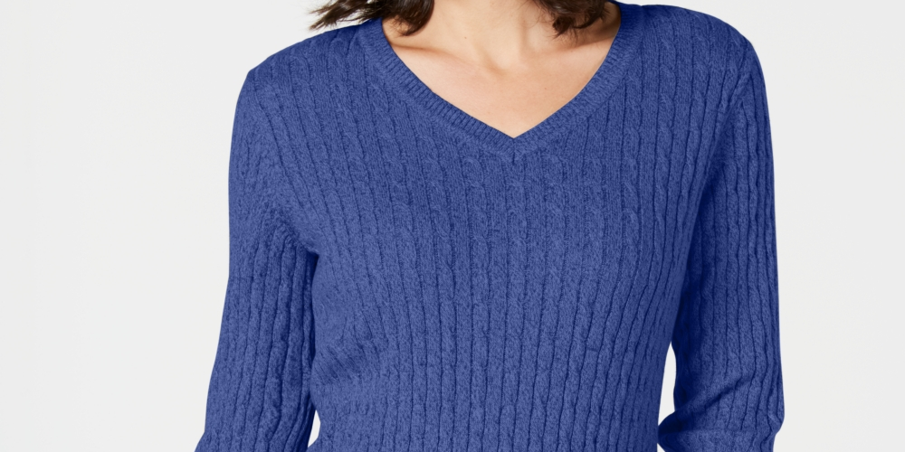 Karen Scott Suéter Feminino Petite Cotton Cable Knit Azul Tamanho PXL