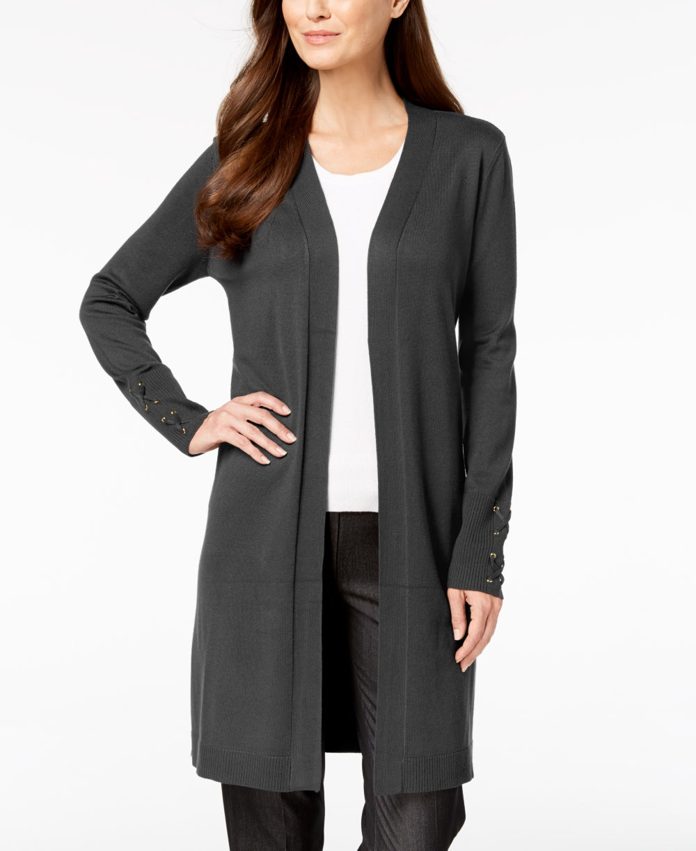 Cardigan feminino com mangas amarradas JM Collection, tamanhos regular e pequeno, cinza, tamanho médio