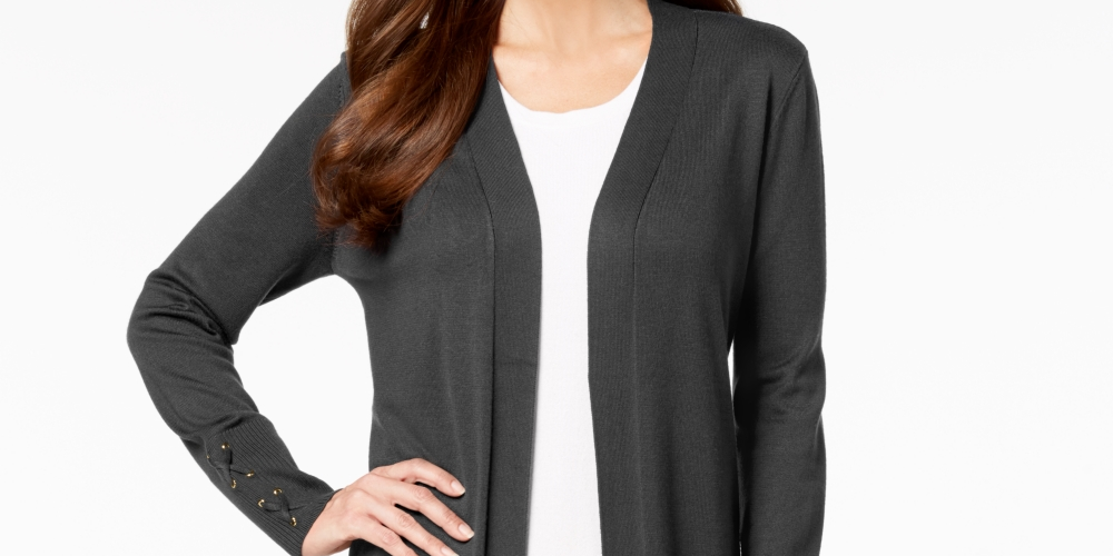 Cardigan feminino com mangas amarradas JM Collection, tamanhos regular e pequeno, cinza, tamanho médio