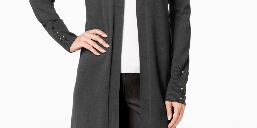 Cardigan feminino com mangas amarradas JM Collection, tamanhos regular e pequeno, cinza, tamanho médio