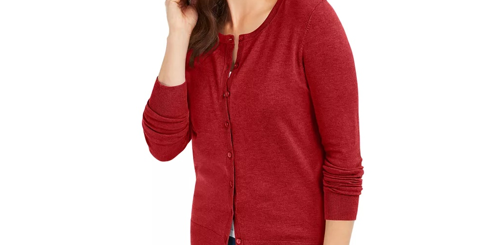 Cardigan feminino de manga comprida com botões frontais, vermelho, tamanho médio