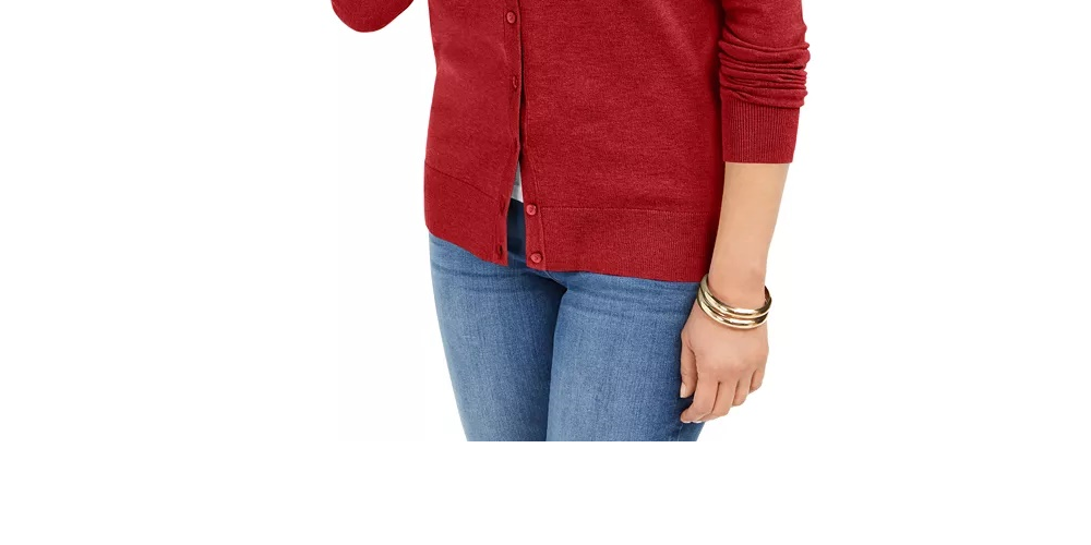 Cardigan feminino de manga comprida com botões frontais, vermelho, tamanho médio