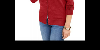 Cardigan feminino de manga comprida com botões frontais, vermelho, tamanho médio