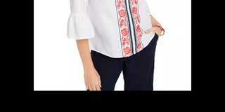 Blusa feminina bordada Charter Club, manga sino, mistura de linho, branca, tamanho médio