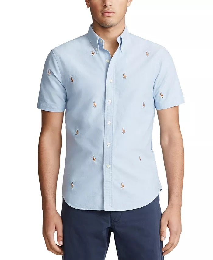 Camisa Oxford Ralph Lauren Masculina Allover Pony Manga Curta Azul Tamanho XS