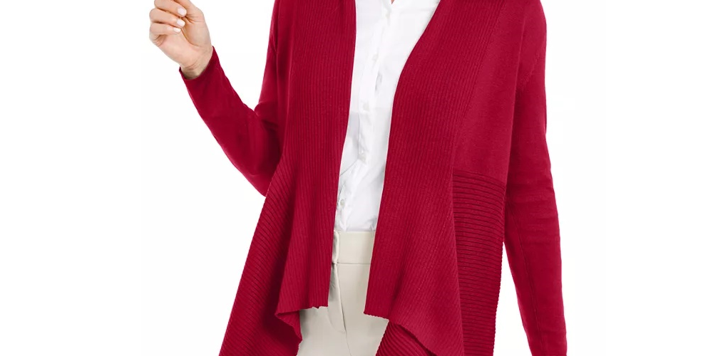 Cardigan feminino JM Collection Petite Mixed-Ribbed Flyaway, vermelho, tamanho PS