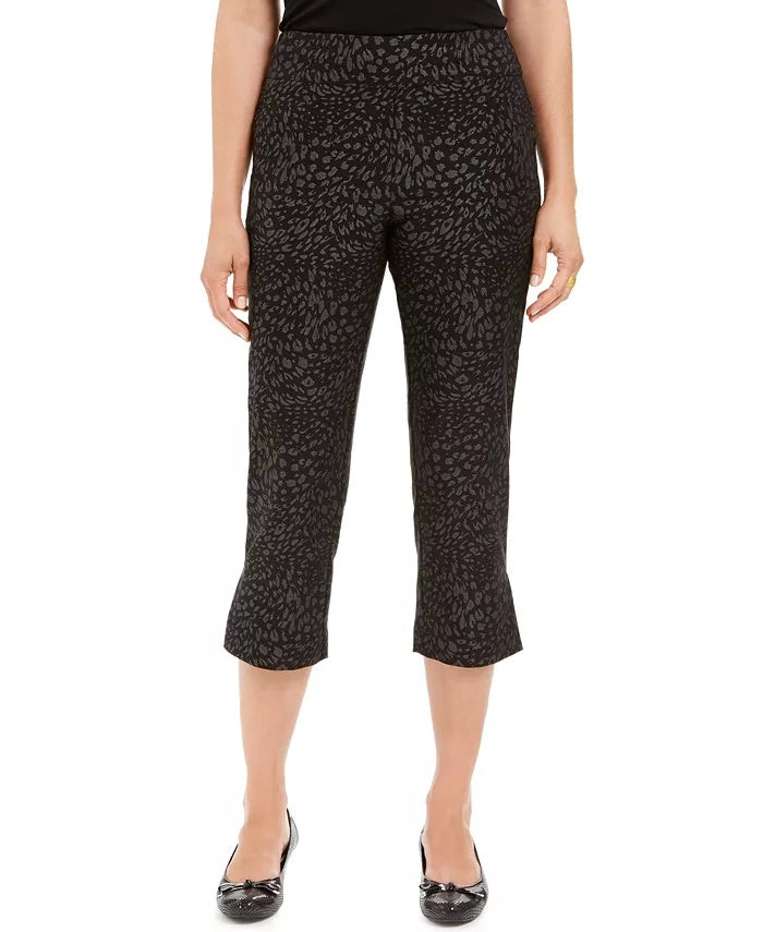 Calça capri feminina estampada com controle de barriga JM Collection, preta, tamanho X-G