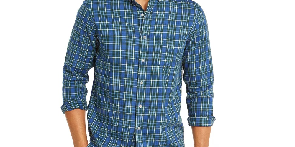 Camisa xadrez elástica de desempenho regular masculina Club Room, tamanho azul, tamanho médio