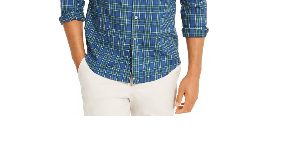 Camisa xadrez elástica de desempenho regular masculina Club Room, tamanho azul, tamanho médio