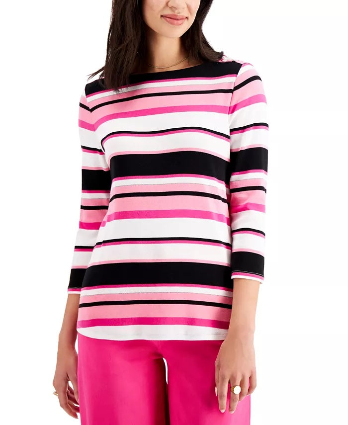 Charter Club Camiseta feminina listrada de algodão Pima com botões e ombros de fora, azul Intrepid, tamanho grande