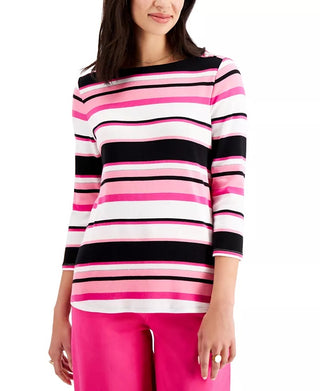 Charter Club Camiseta feminina listrada de algodão Pima com botões e ombros de fora, azul Intrepid, tamanho grande