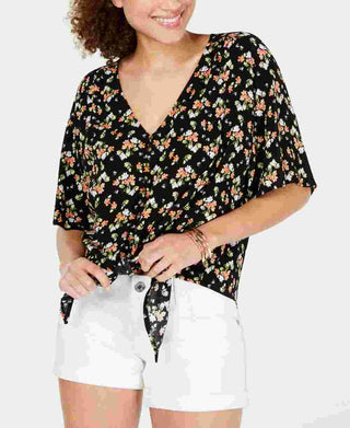 Blusa estampada com amarração frontal Ultra Flirt Juniors, preta, tamanho X-S