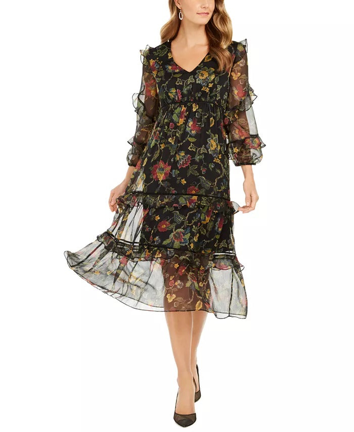 Vestido midi de chiffon com estampa floral Taylor feminino, preto, tamanho 6