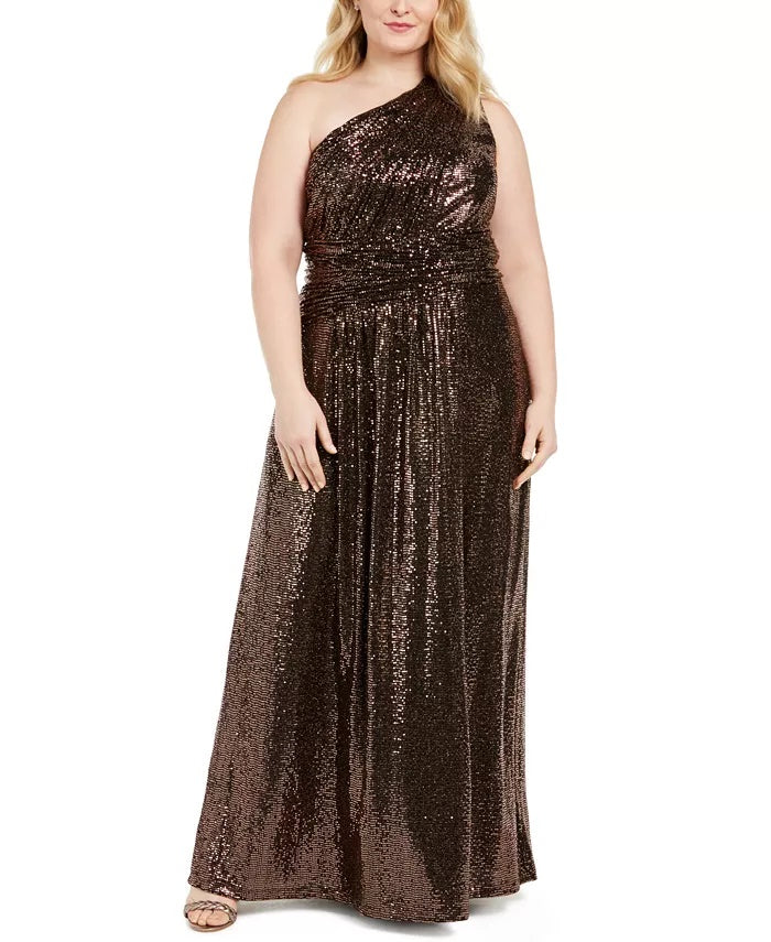 Vestido longo feminino Calvin Klein plus size metálico de um ombro só, preto, tamanho 14W
