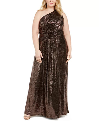 Vestido longo feminino Calvin Klein plus size metálico de um ombro só, preto, tamanho 14W