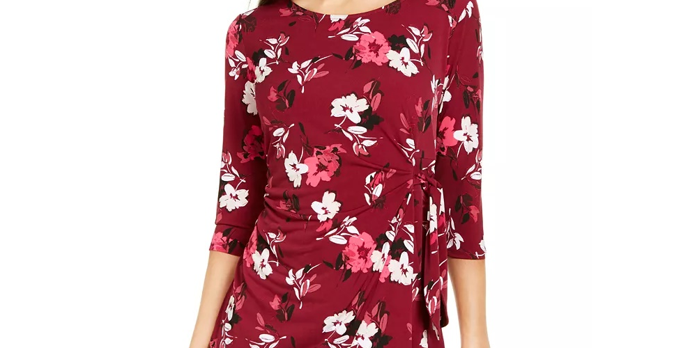 Blusa assimétrica com estampa de manga 3/4 feminina Alfani, vermelha, tamanho pequeno