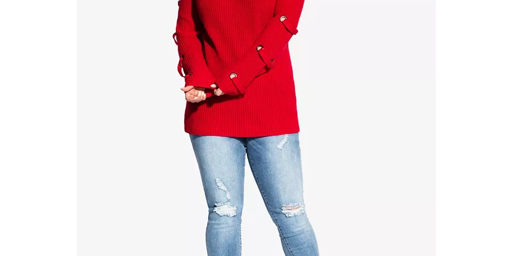 Suéter feminino plus size com mangas ilhós City Chic vermelho tamanho 22W