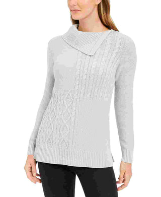 Suéter feminino Charter Club Petite com decote envelope e tricô trançado, cinza, tamanho Petite S