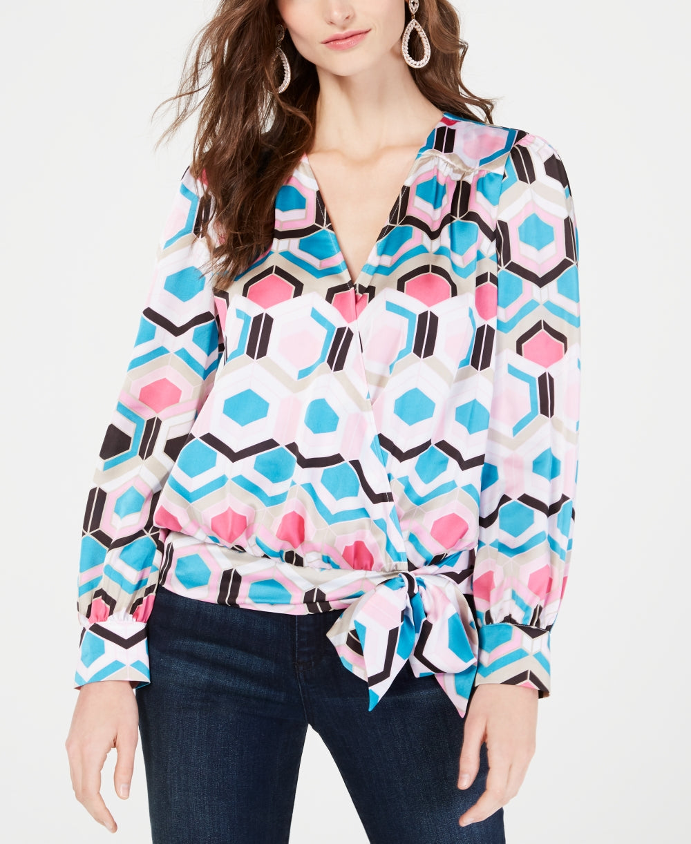 INC International Concepts Top feminino pequeno com estampa falsa e envolvente, rosa/preto/azul, tamanho PS/M