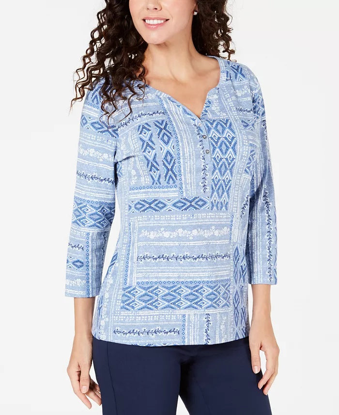 Karen Scott Blusa Feminina Pequena Estampada com Motivos Mistos Azul Tamanho PL