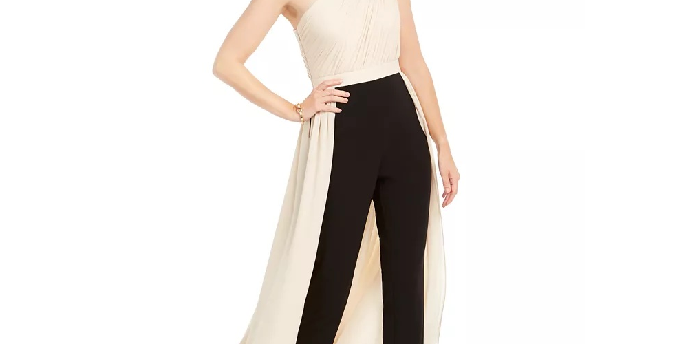 Macacão feminino Adrianna Papell Petite de um ombro só, bege, tamanho 2 Petite