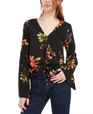 Top Polly &amp; Esther Juniors com amarração frontal e manga sino, preto, tamanho grande