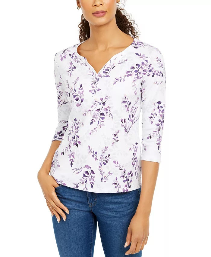 Karen Scott Blusa Feminina Estampada Manga 3/4 Branca e Azul Tamanho Pequeno